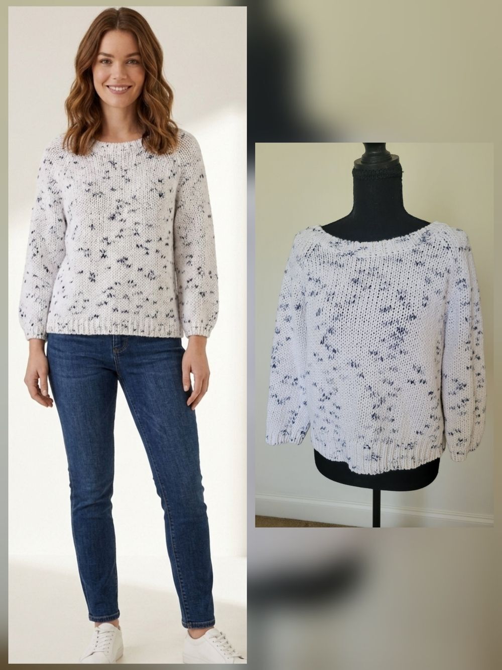 American Eagle Speckled Chunky Knit Crewneck Sweater Cotton Blue/White Size M/L